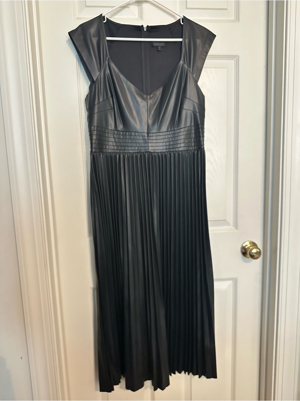 Guess Black Faux Leather Pleated Midi Dress